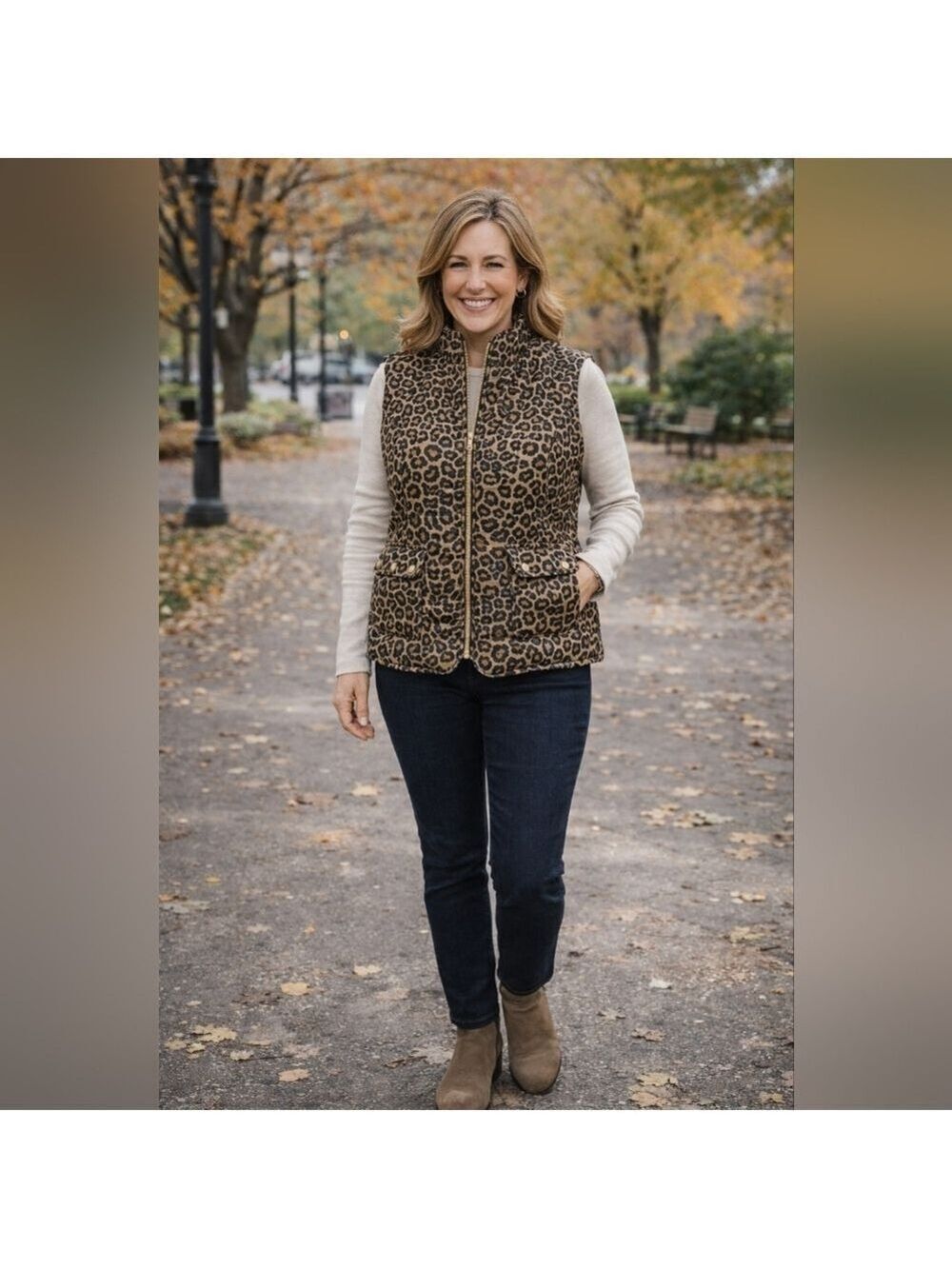 Kim Rogers Quilted Leopard Print Vest Petite Small Zip Front